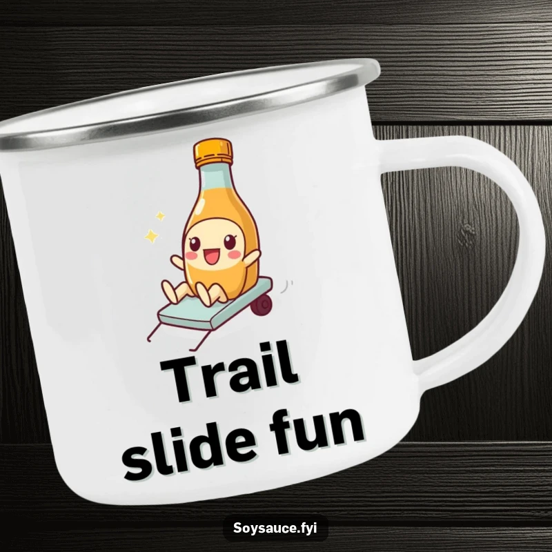 Funny Soy Sauce Camping Mug featuring a playful bottle character doing a silly slide, durable for outdoor fun.