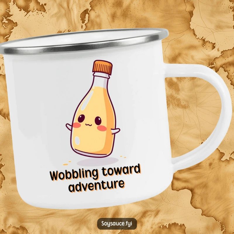 Funny kawaii soy sauce bottle camping mug, wobbling comically with a cute expression, ideal for outdoor use.