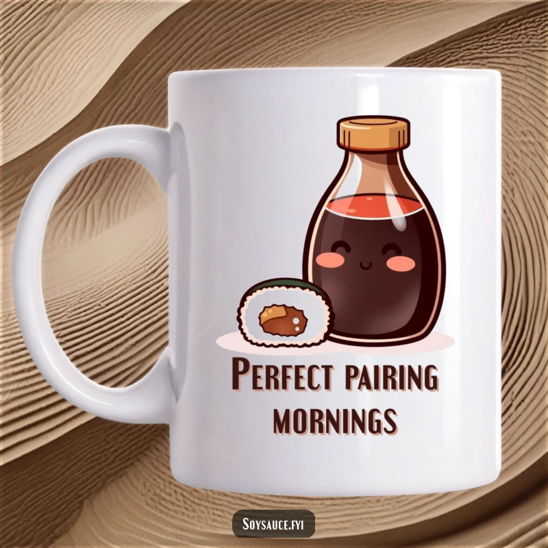 Funny Mug: A smiling soy sauce bottle sits contentedly beside a happy sushi roll, representing delicious harmony.