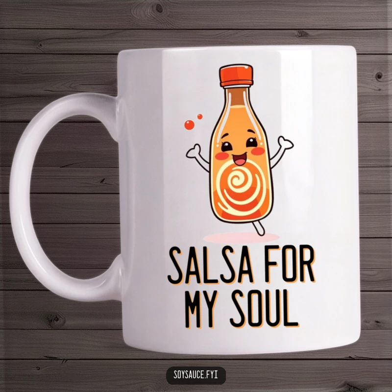 Funny Dancing Soy Sauce Mug featuring a lively bottle with a happy swirl pattern, celebrating culinary fun.
