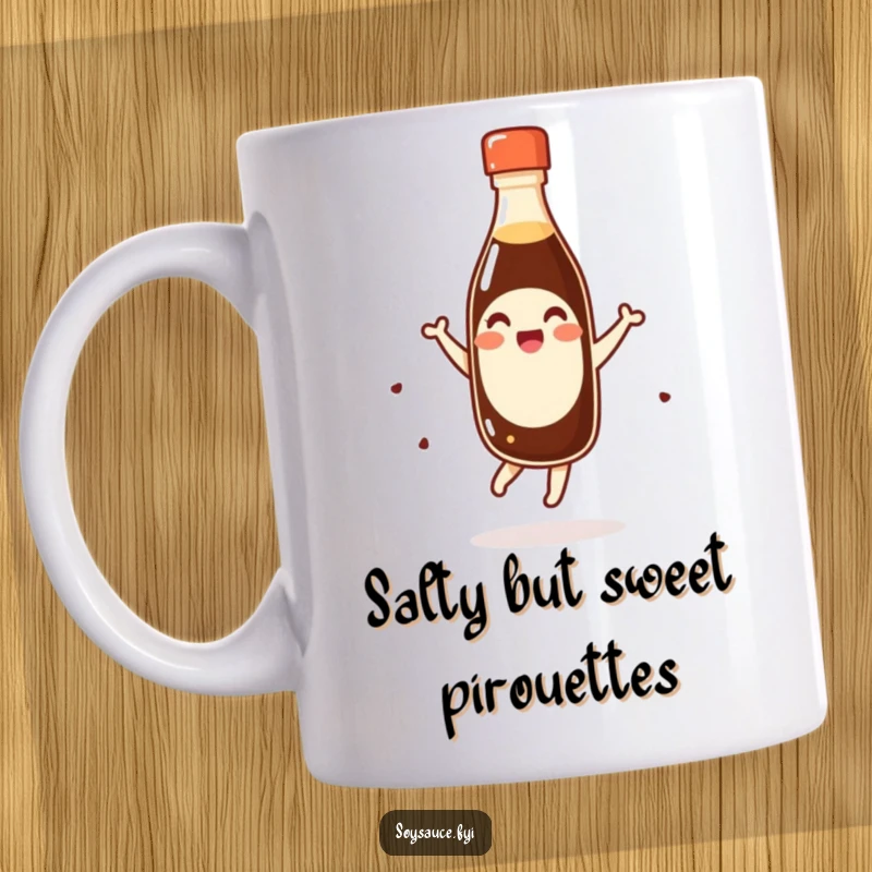 Funny kawaii soy sauce bottle giggling and doing a happy pirouette on a ceramic mug, a whimsical and humorous kitchen accessory.