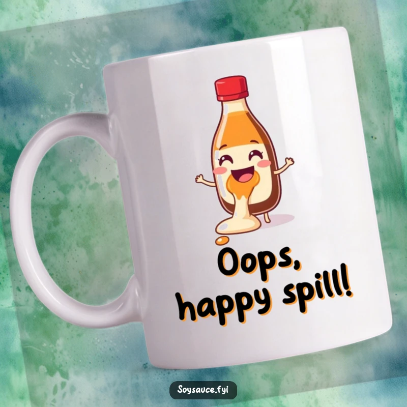 Funny Soy Sauce Glee Spill Mug showing a cheerful bottle character delightedly spilling some condiment, full of humorous, infectious joy.