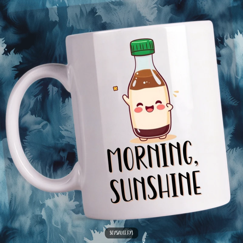 Funny Kawaii soy sauce bottle character tipping its cap with a happy, playful expression, perfect for a mug.