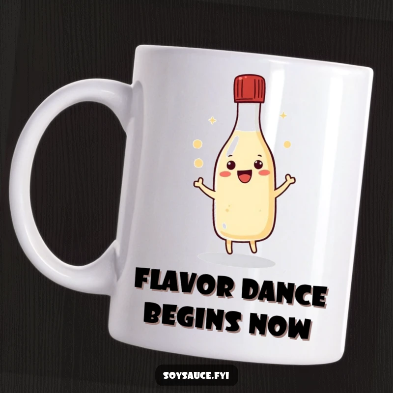 Funny kawaii soy sauce bottle doing a happy dance with its cap, spreading joy and humor on a coffee mug.