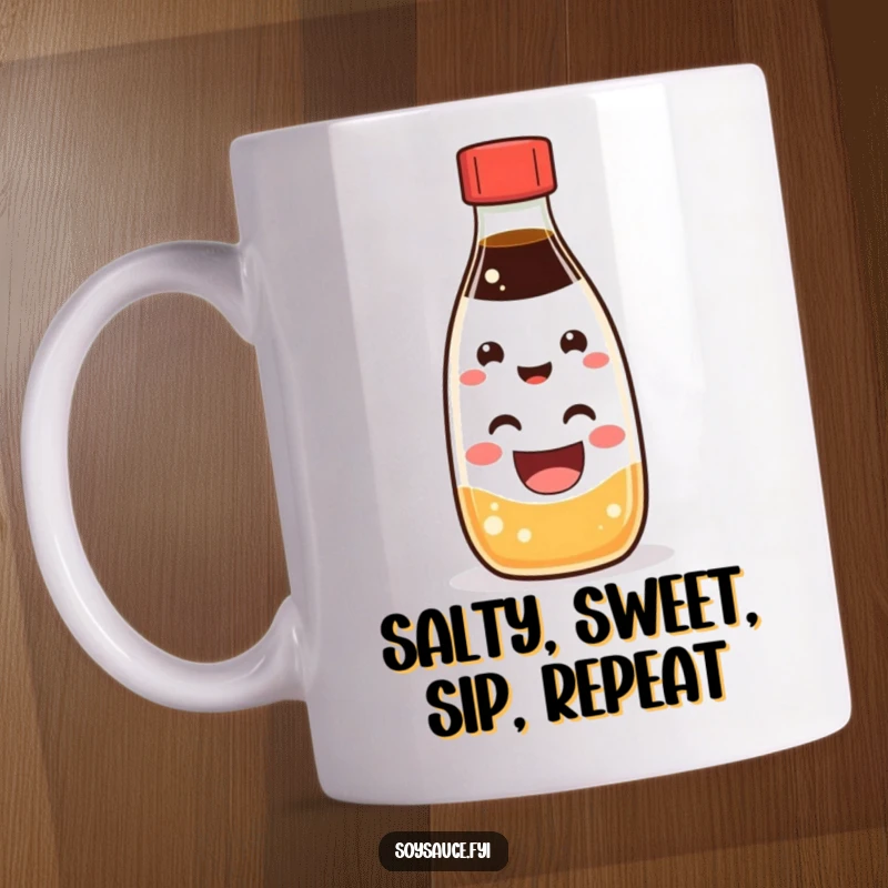 Funny Kawaii soy sauce bottle character with a huge, happy grin, ready to brighten your day on this mug.