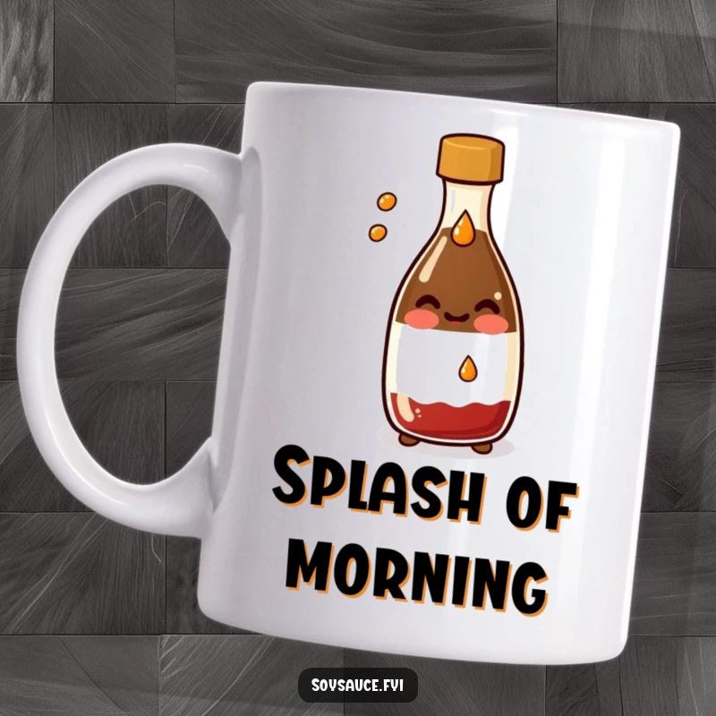 Funny Kawaii soy sauce bottle mug, smiling broadly and playfully splashing a tiny drop, embodying culinary fun.