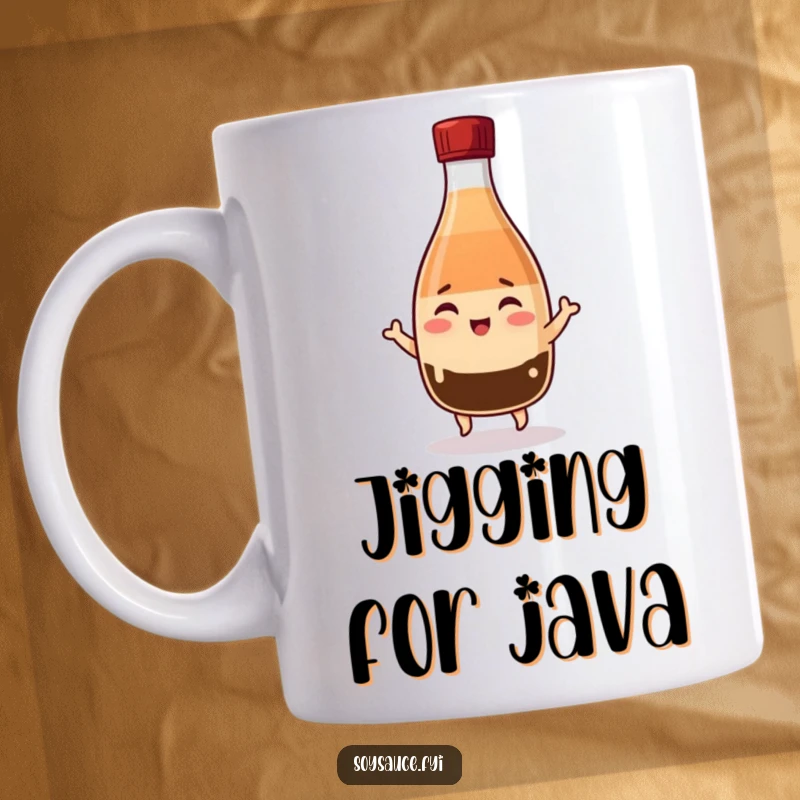 Funny Kawaii soy sauce bottle mug, winking cheerfully and doing a tiny jig, embodying playful celebration.