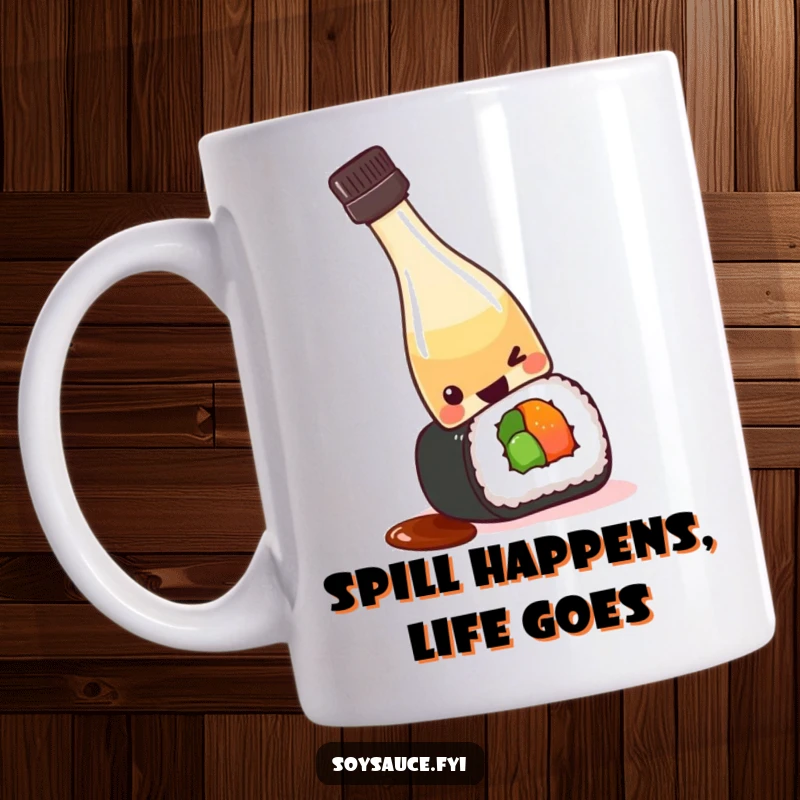 Funny kawaii soy sauce bottle tipping over playfully onto a sushi roll, captured in a humorous moment on a coffee mug.