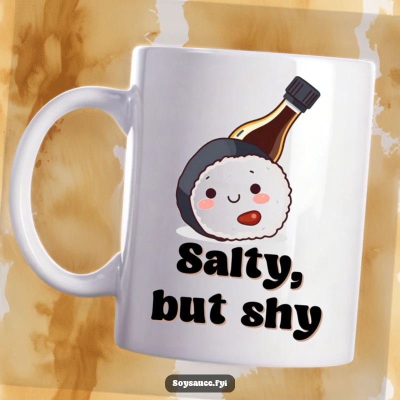 Funny soy sauce bottle playing hide-and-seek behind a delicious sushi roll, a comical kitchen gift for mug lovers.