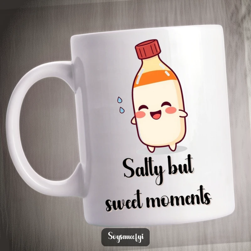 Funny soy sauce bottle mug shedding a single happy tear, illustrating a comical, emotional moment perfect for a foodie gift.