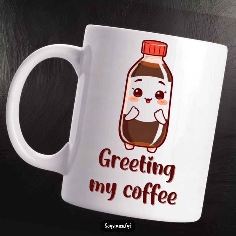 Funny Soy Sauce Mug featuring a polite bottle character performing a friendly bow, showing respect and good manners.