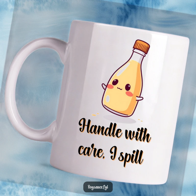 Funny soy sauce bottle mug, wobbling comically with a kawaii expression, perfect for kitchen humor and gifting.