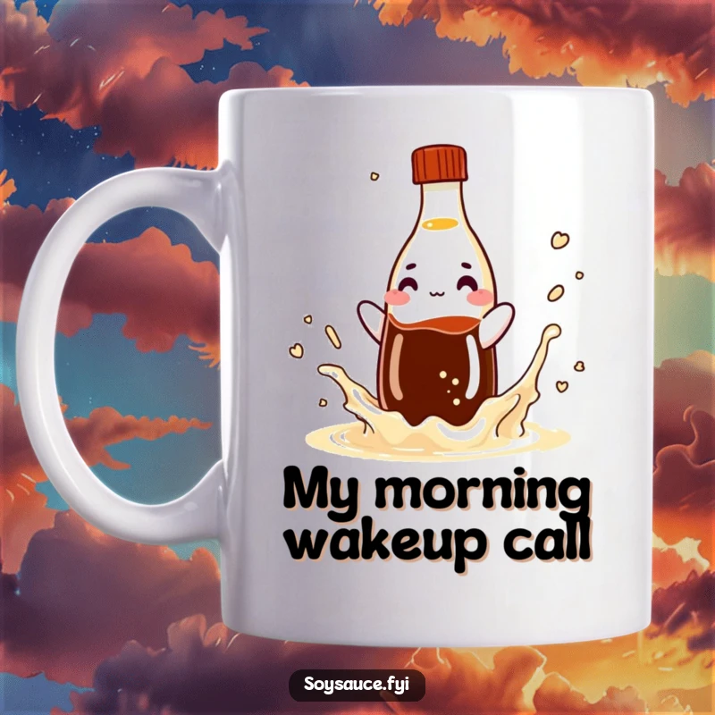 Funny soy sauce bottle mug playfully splashing liquid, a hilarious condiment character ready for a giggle.
