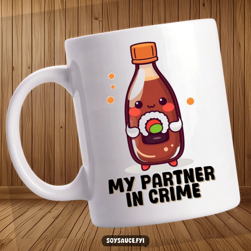 Funny kawaii soy sauce bottle playfully holding a tiny sushi roll, on a mug.