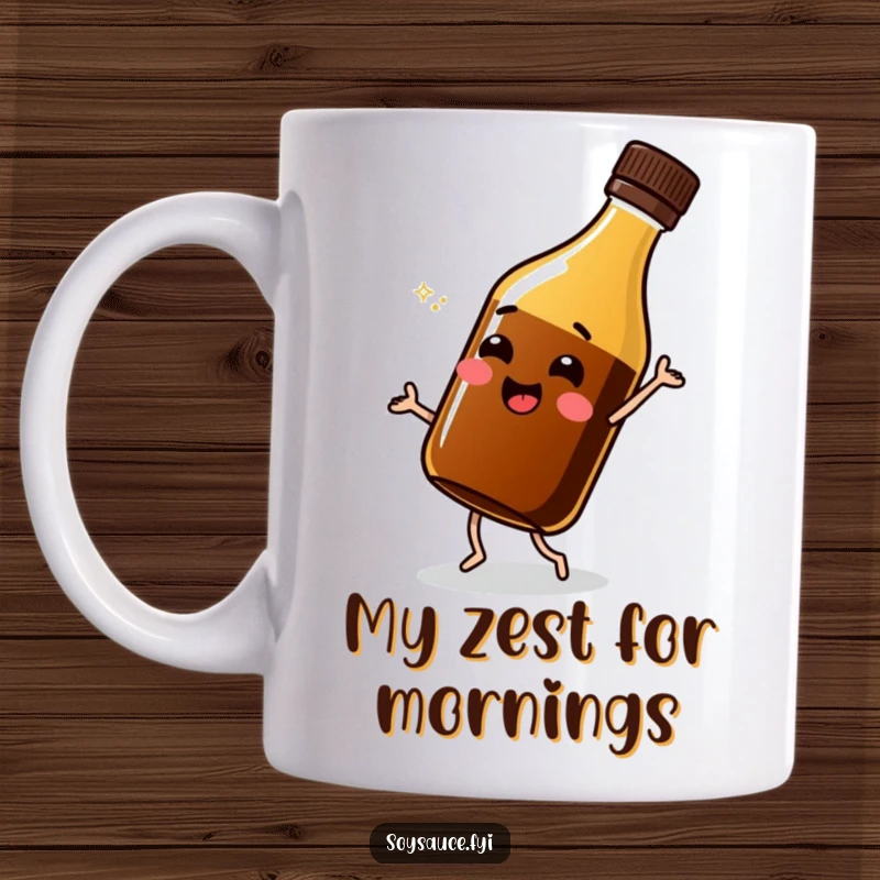 Funny soy sauce bottle mug, cheerfully shimmying with joy, a delightful and humorous character for your kitchen.