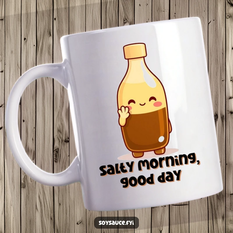 Funny soy sauce bottle mug with a cheerful expression, politely nodding and ready to add a smile to your day. A cute and funny gift.