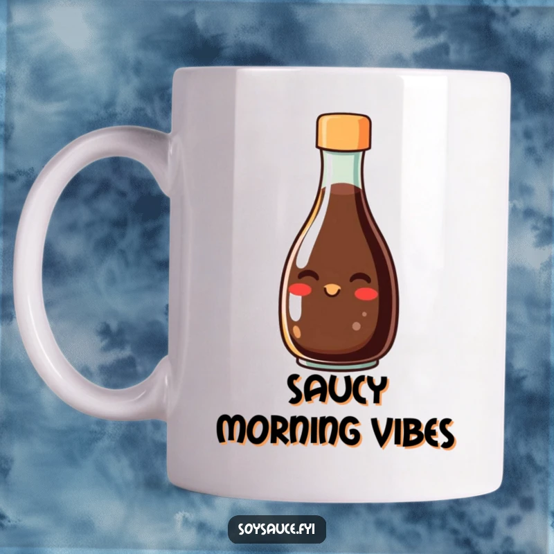 Funny mug with a smiling soy sauce bottle character grinning cheerfully from its spout, a humorous and flavorful beverage holder.