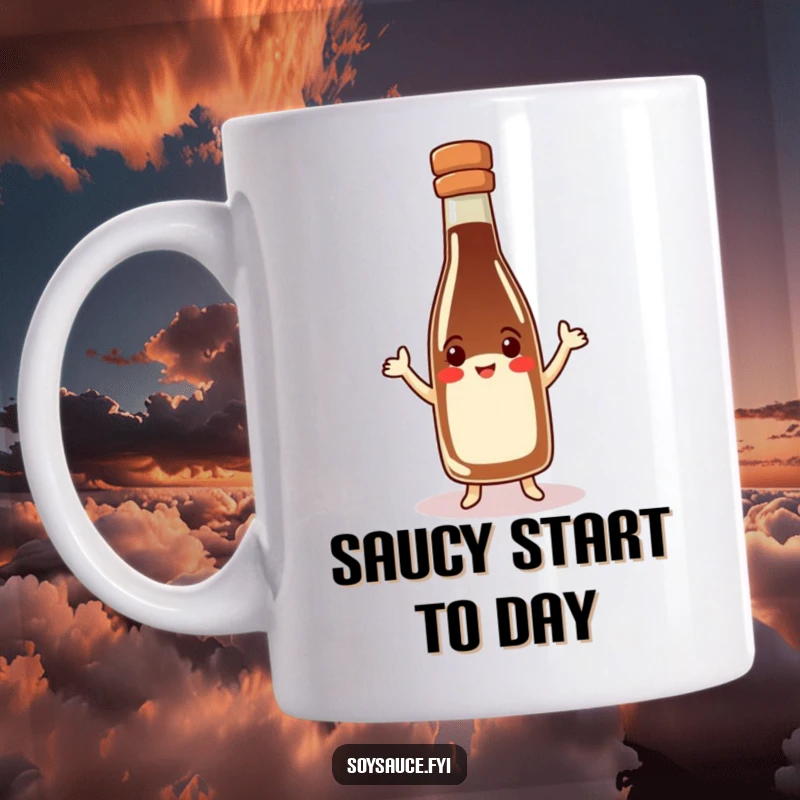 Funny soy sauce bottle mug, happy character in hat doing a jig, culinary humor, perfect for condiment lovers.