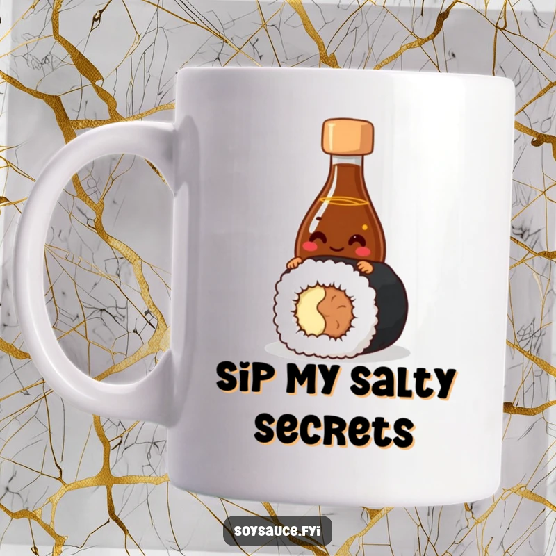 Funny Soy Sauce Mug featuring a giggling bottle character playfully peeking from behind a sushi roll, perfect for sushi lovers.