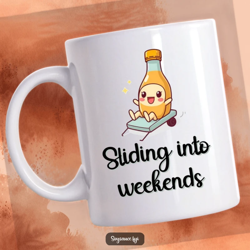 Funny Soy Sauce Mug featuring a playful bottle character doing a silly slide, bringing fun and motion.