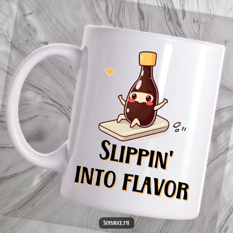 Funny kawaii soy sauce bottle doing a smooth, funny slide with a wide smile, depicted on a coffee mug.