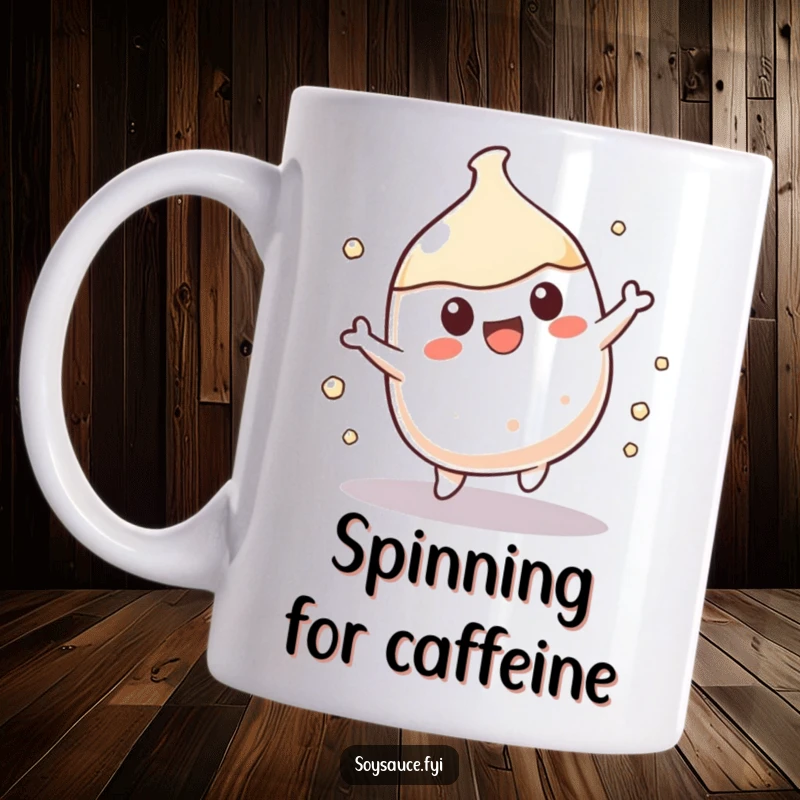 Funny Kawaii soy sauce character energetically doing a little spin, perfect for a fun and quirky mug.