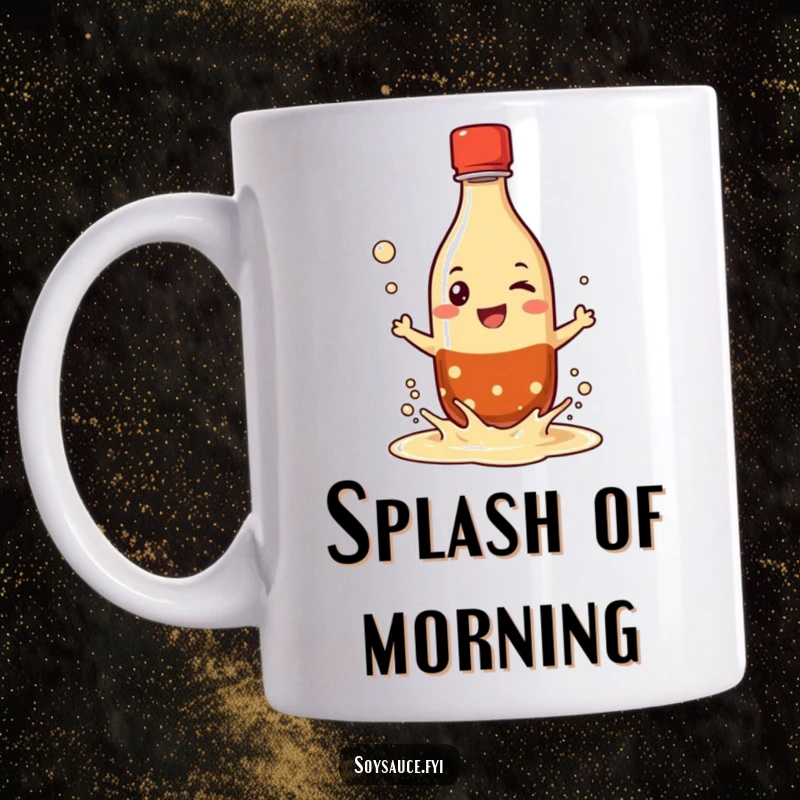 Funny mug featuring a grinning soy sauce bottle character playfully splashing its liquid, depicting a mischievous and fun-loving attitude.