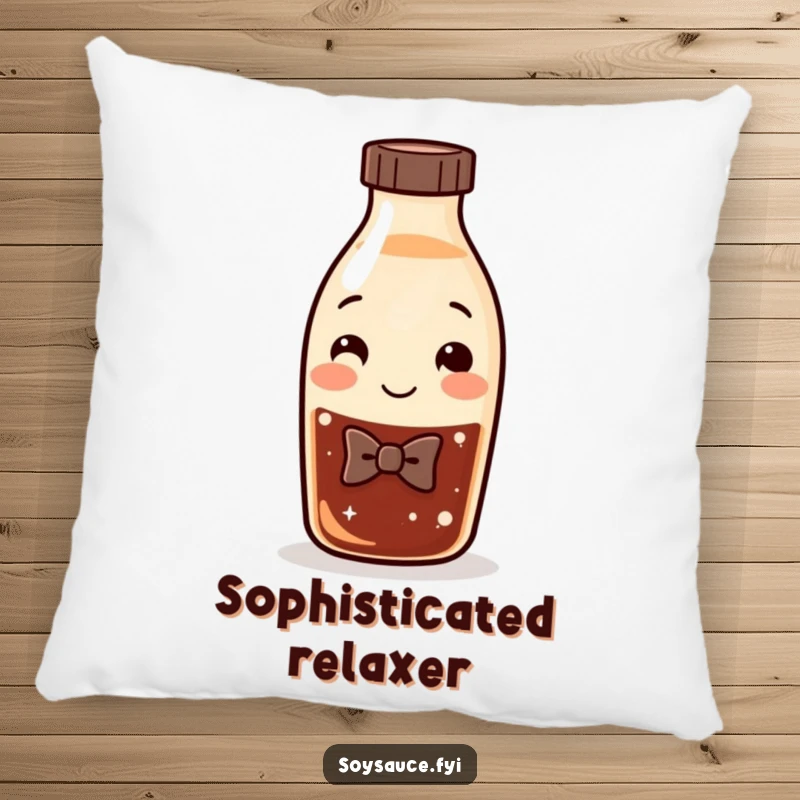Funny Soy Sauce Pillow with a smiling bottle character wearing a bow tie, offering plush comfort and a dose of dapper humor.