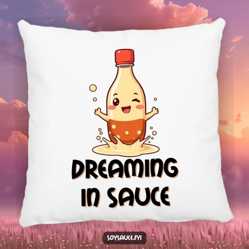 Funny pillow featuring a grinning soy sauce bottle character playfully splashing its liquid, offering comfort and a dose of saucy humor.