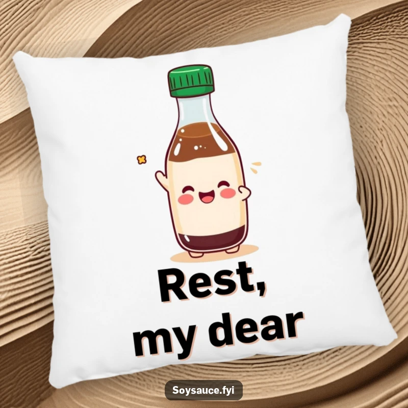 Funny Kawaii soy sauce bottle character tipping its cap playfully, featured on a soft and decorative pillow.
