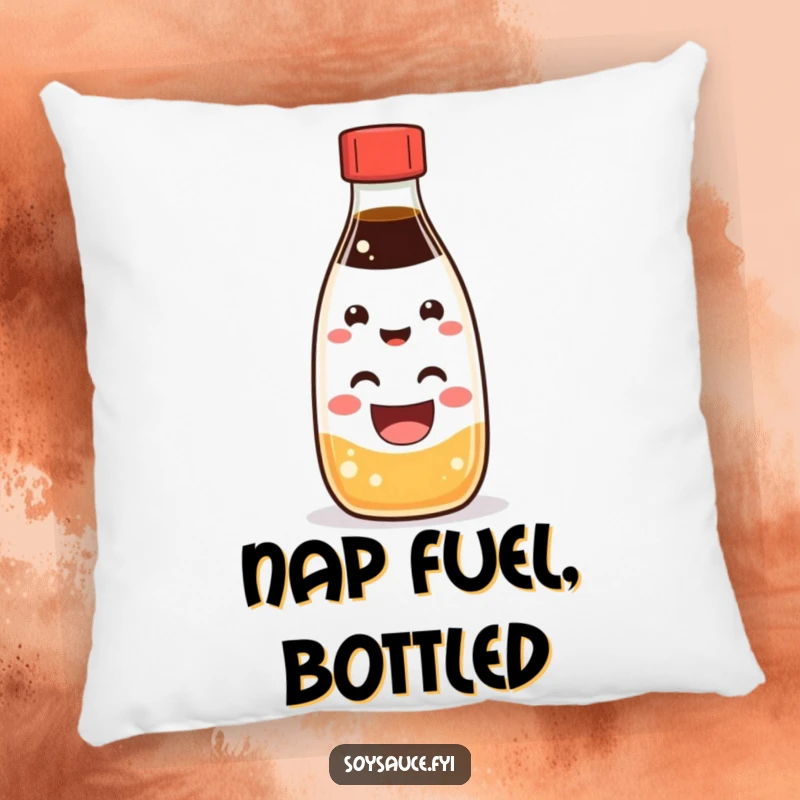 Funny Kawaii soy sauce bottle character with a beaming smile, featured on a soft and huggable pillow.