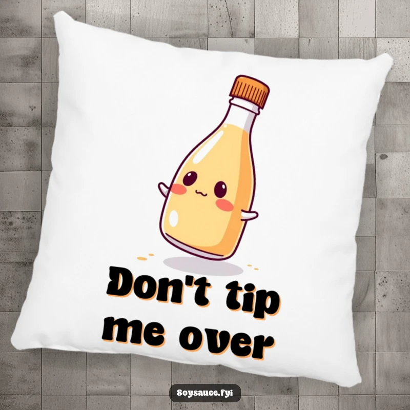 Funny kawaii soy sauce bottle pillow, featuring a comical wobble and cute expression, perfect for cozy home decor.