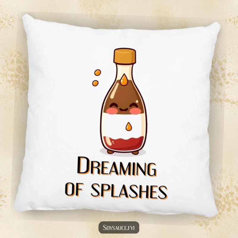 Funny Kawaii soy sauce bottle pillow, smiling and splashing a drop, offering soft comfort and a humorous vibe.
