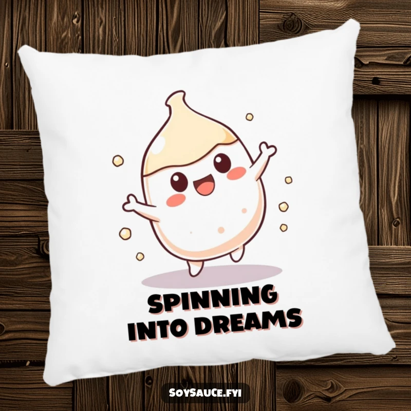 Funny Kawaii soy sauce character in a playful spin, featured on a soft and decorative pillow.