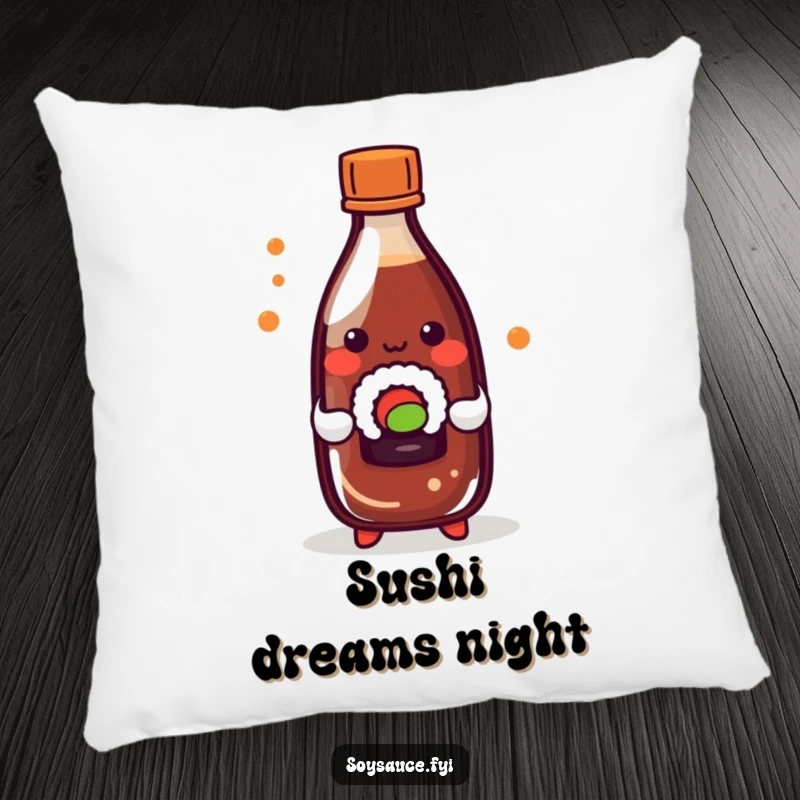 Funny kawaii soy sauce bottle playfully holding a tiny sushi roll, on a soft, comfortable pillow.