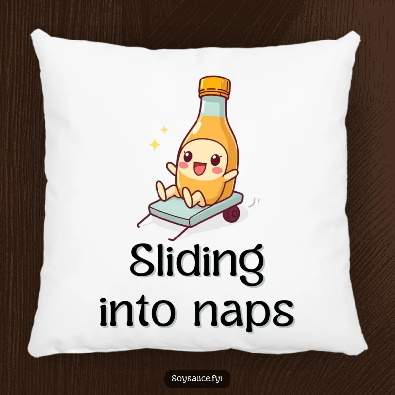Funny Soy Sauce Pillow featuring a playful bottle character in a silly slide, perfect for adding humorous coziness.