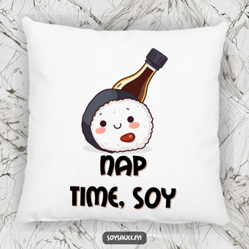 Funny and cozy pillow featuring a soy sauce bottle hiding behind sushi, perfect for adding a playful touch to home decor.