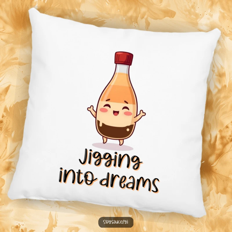Funny Kawaii soy sauce bottle pillow, winking cheerfully and jigging, offering soft comfort and humorous appeal.