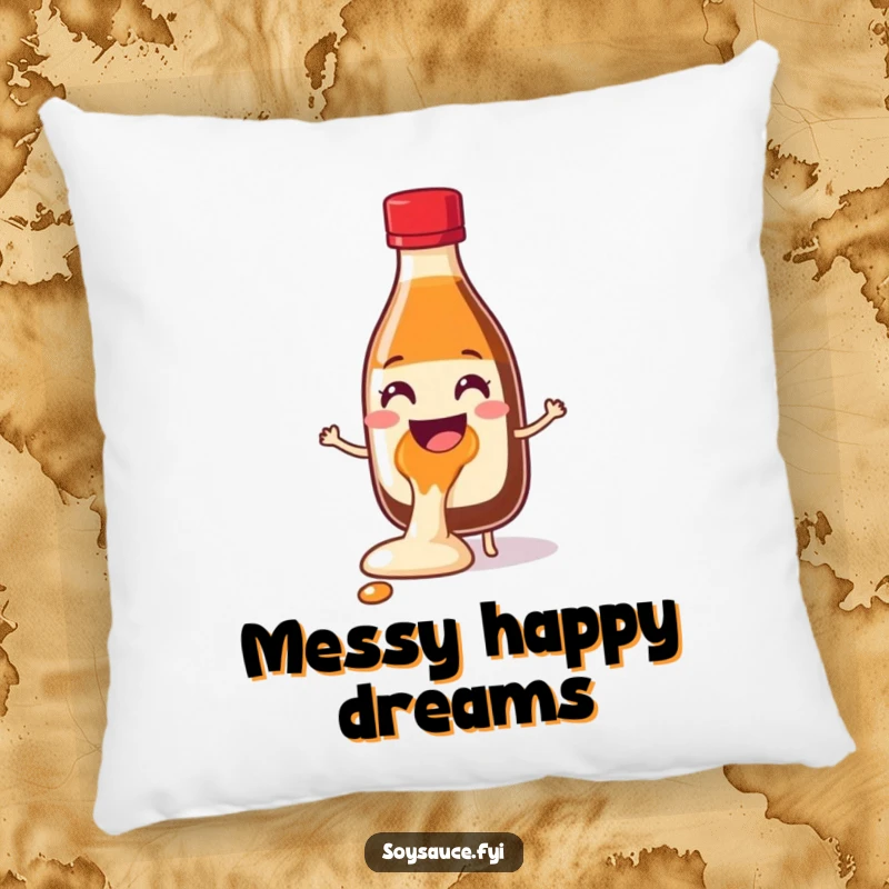 Funny Soy Sauce Glee Spill Pillow with a cheerful bottle character spilling with glee, offering plush comfort and a splash of humorous happiness.
