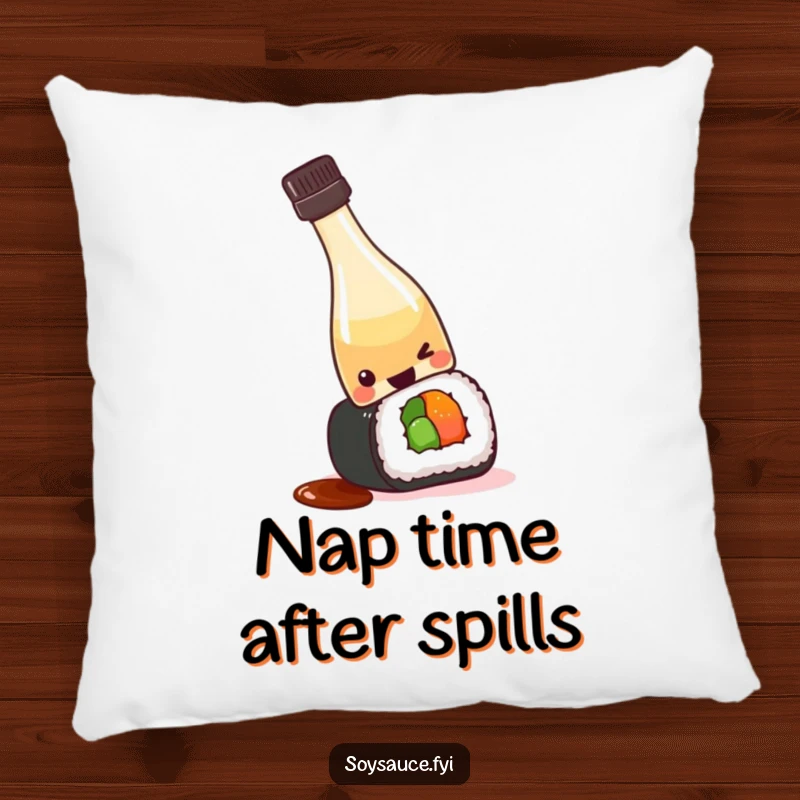 Funny kawaii soy sauce bottle tipping over playfully onto a sushi roll, offering comfort and humor on a decorative pillow.