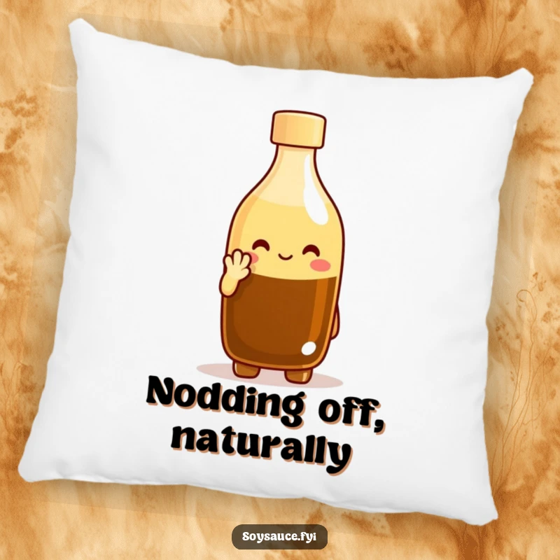 Funny plush pillow featuring a cheerful soy sauce bottle character politely nodding, offering comfort and a touch of humor. An adorable funny gift.