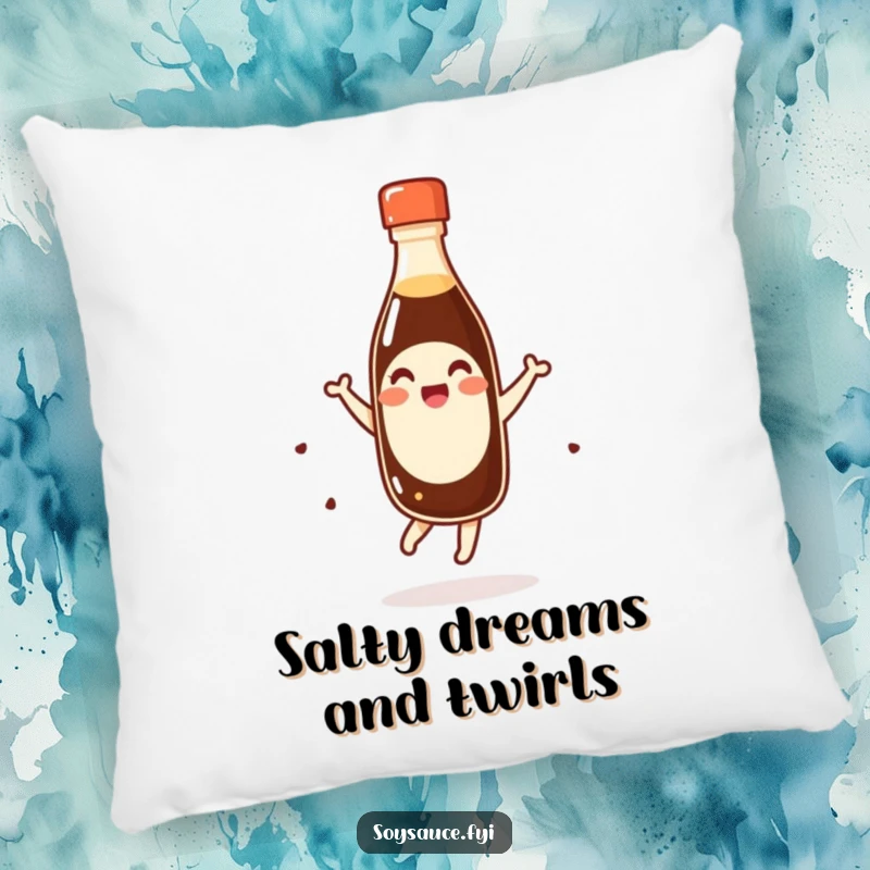 Funny giggling kawaii soy sauce bottle doing a happy pirouette on a decorative pillow, a humorous and comfortable home accent.