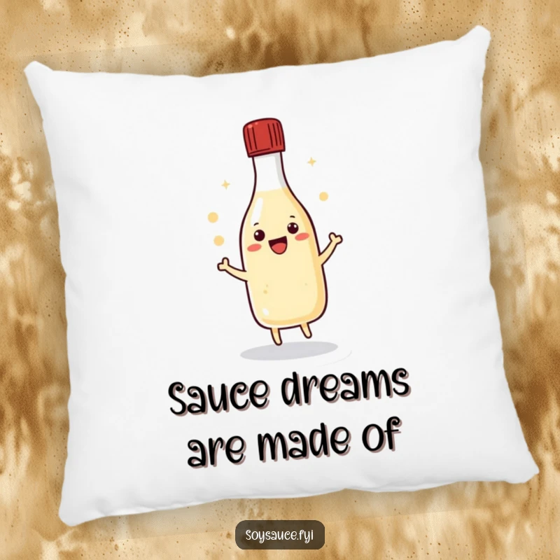 Funny kawaii soy sauce bottle doing a happy dance with its cap, offering comfort and humor on a decorative pillow.