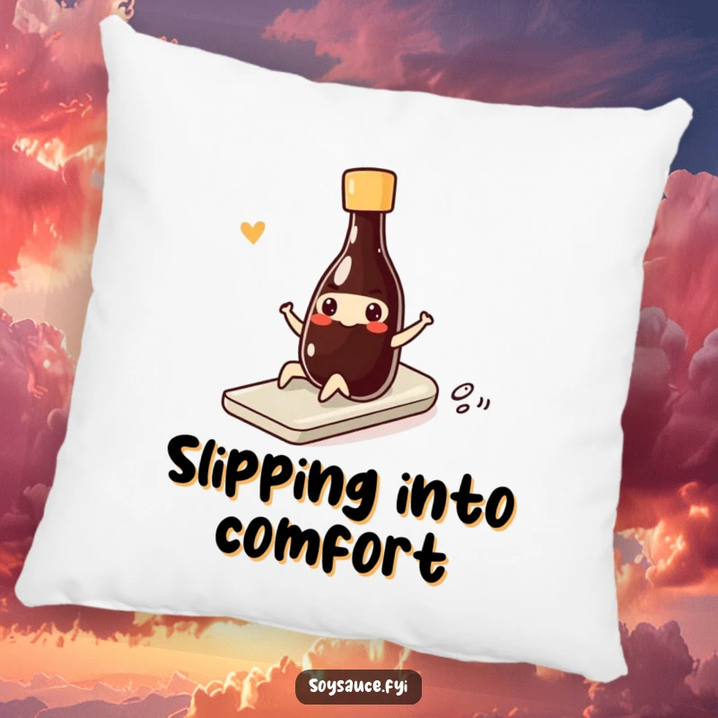 Funny kawaii soy sauce bottle doing a smooth, funny slide with a smile, offering comfort and humor on a decorative pillow.