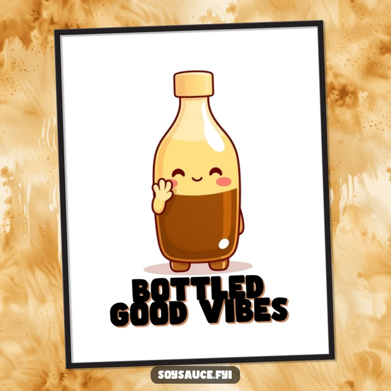 Funny digital art print of a cheerful soy sauce bottle character offering a polite nod, adding humor and charm to any digital display. A perfect funny gift.
