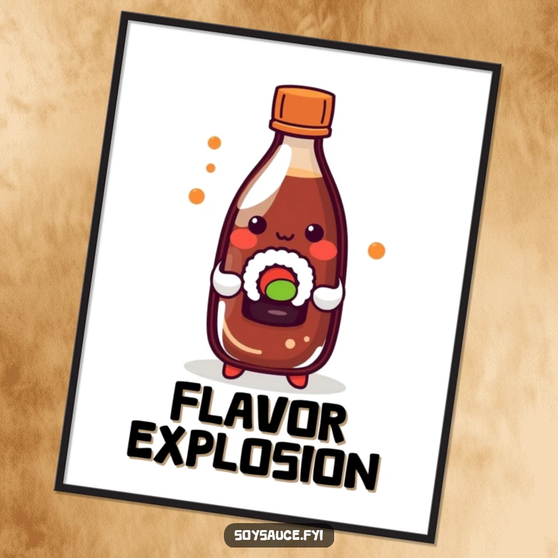 Funny kawaii soy sauce bottle playfully holding a tiny sushi roll, rendered as humorous digital art.