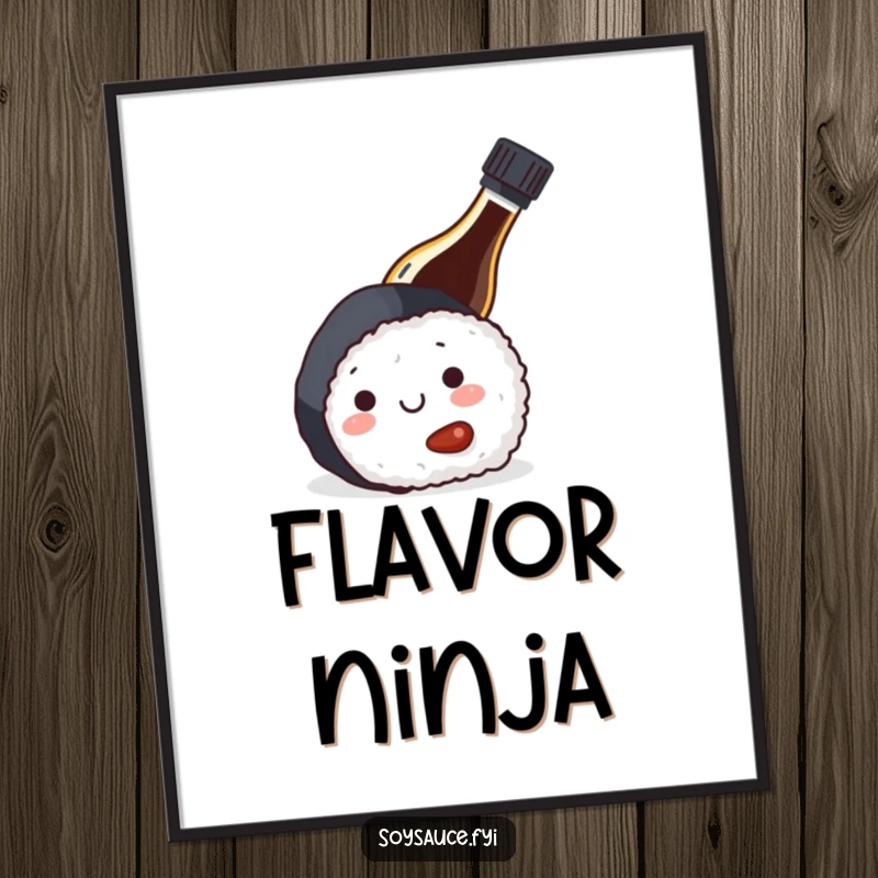 Funny digital art print of a soy sauce bottle hiding behind sushi, ideal for instant, humorous home decor for food enthusiasts.