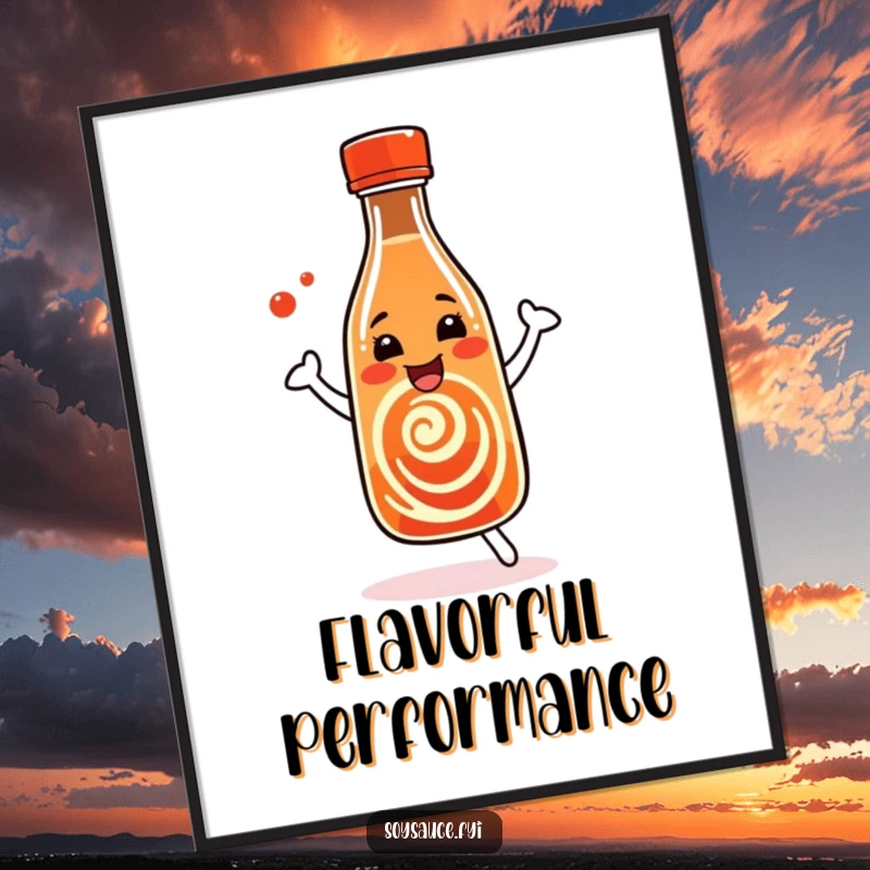 Funny Digital Soy Sauce Art Print of a dancing bottle with a happy swirl, perfect for vibrant kitchen decor.