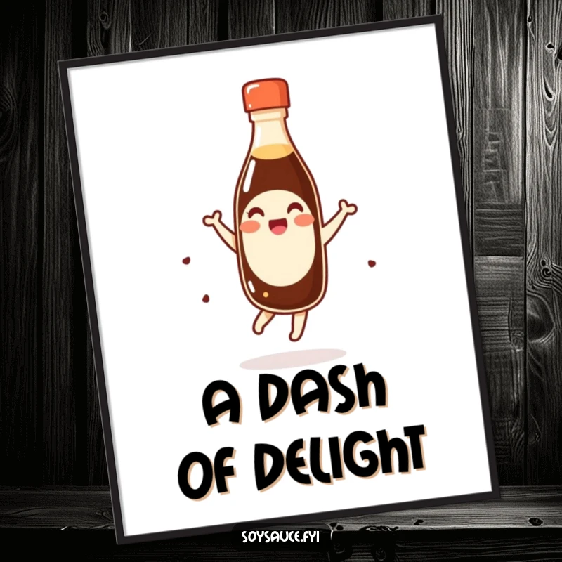 Funny giggling kawaii soy sauce bottle doing a happy pirouette, digital art print, humorous and vibrant.