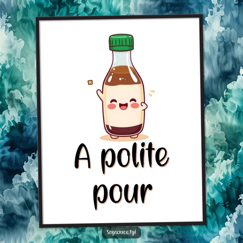 Funny Kawaii soy sauce bottle character tipping its cap playfully, available as a printable digital art file.